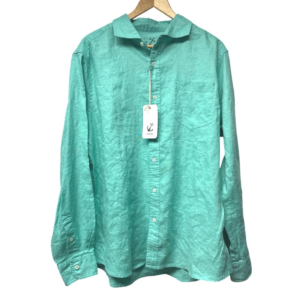 NWT HIHO Men’s Large 100% Linen Shirt Aqua Green Long Sleeve Button Front Resort